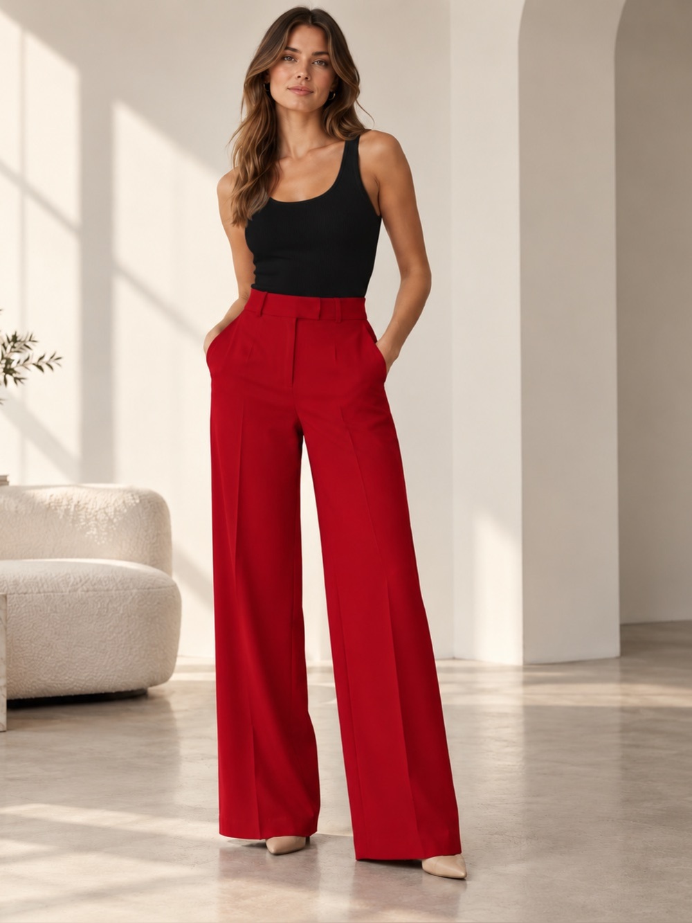 Red Wide Leg Tailored Trousers Womens 2 High Rise Workwear Holiday Topshop